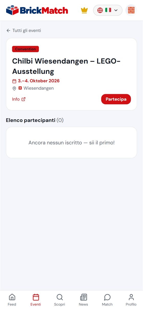Screenshot: dettagli evento con pulsante di partecipazione