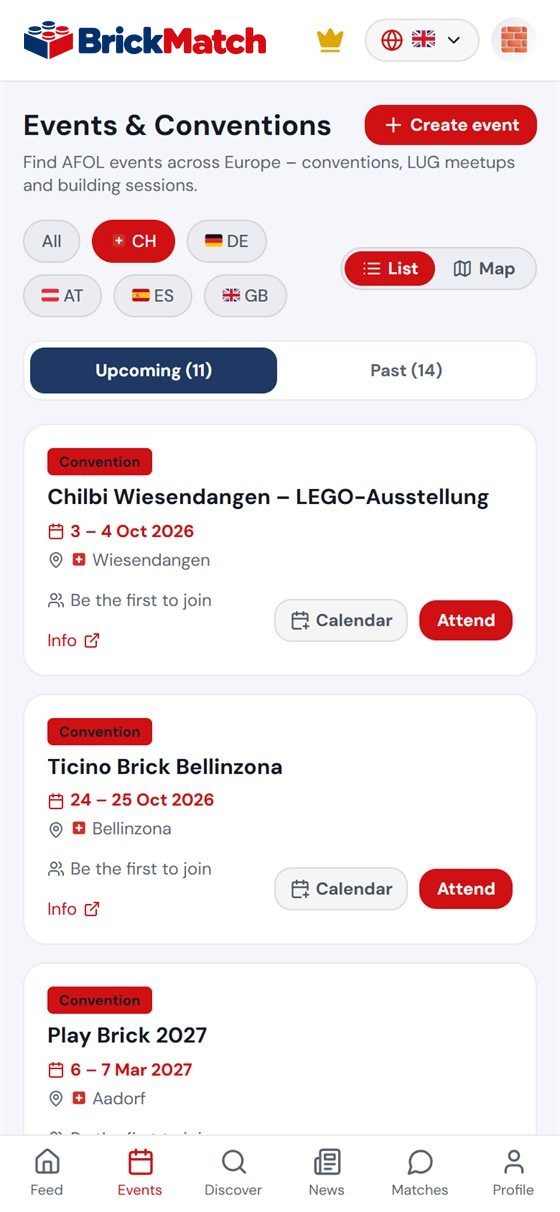 Screenshot: event list in the app, filtered to Switzerland
