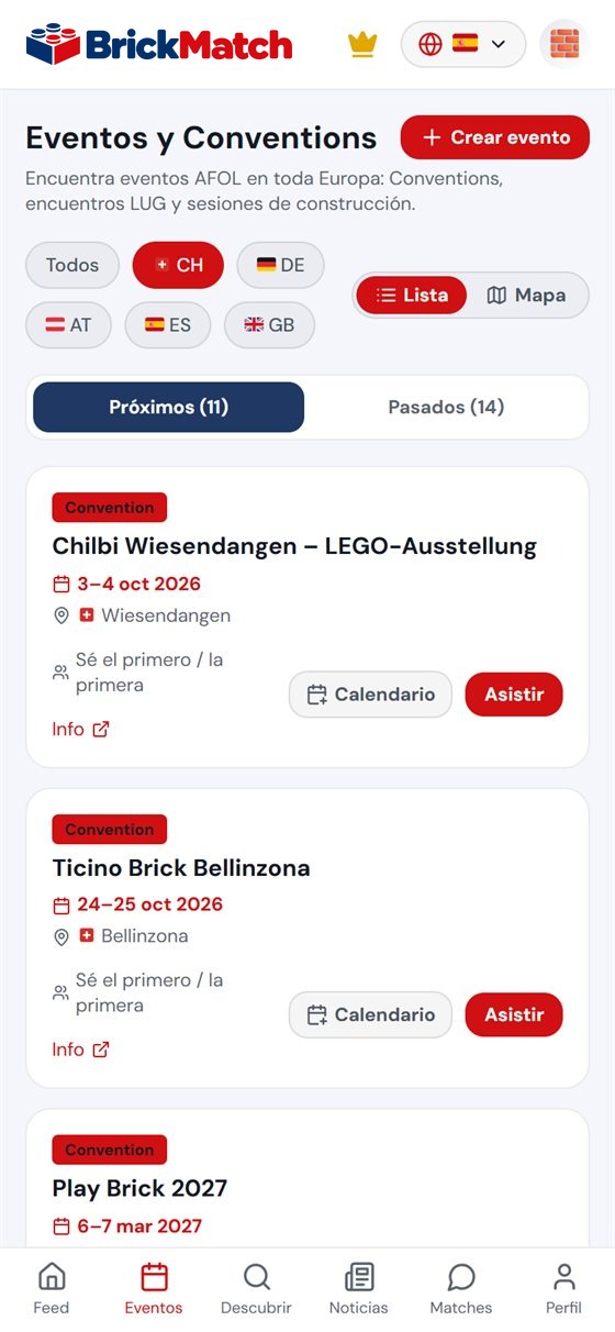 Captura: lista de eventos en la app, filtro Suiza
