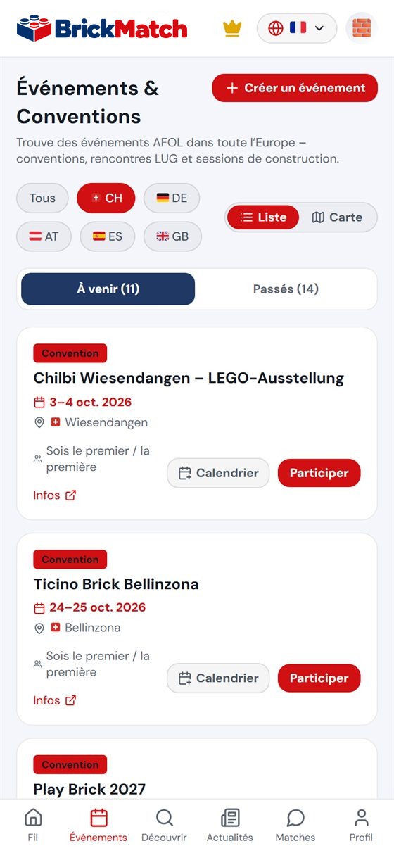 Capture : liste des événements dans l’app, filtre Suisse