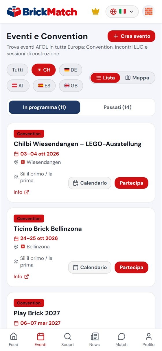 Screenshot: elenco eventi nell’app, filtro Svizzera