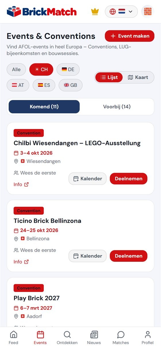 Screenshot: eventlijst in de app, filter Zwitserland