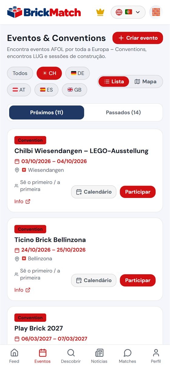 Captura: lista de eventos na app, filtro Suíça