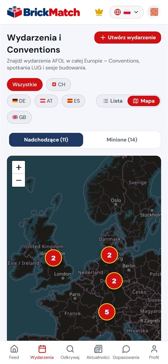 Zrzut ekranu: mapa wydarzeń w aplikacji