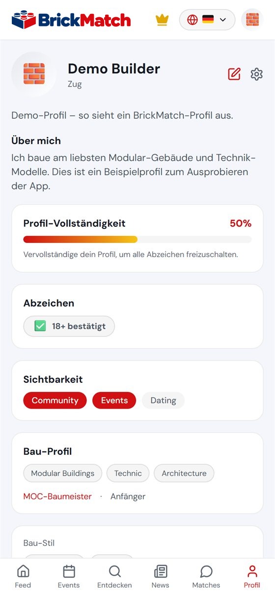 Screenshot: Builder-Profil mit Themen, Bau-Stil und Skills