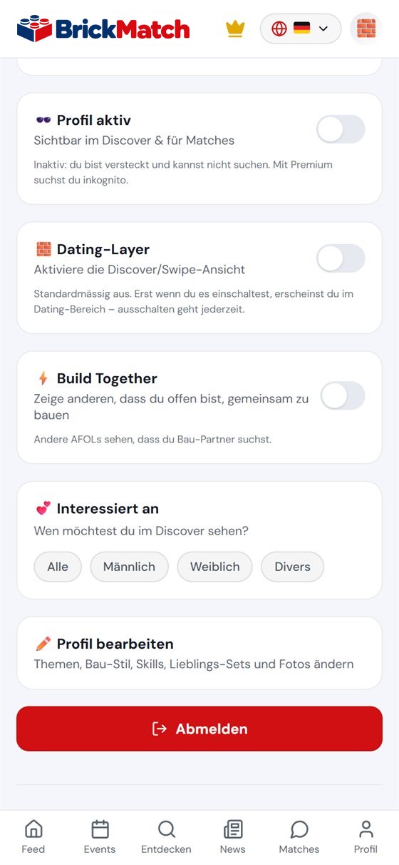 Screenshot: Einstellungen mit Dating-Schalter