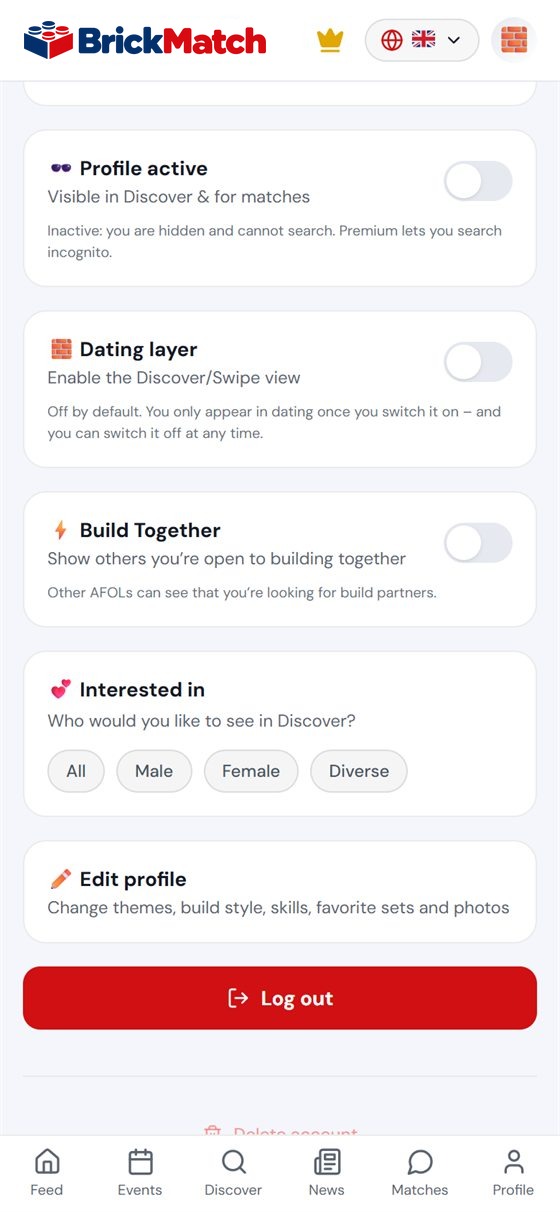 Screenshot: settings with the dating switch