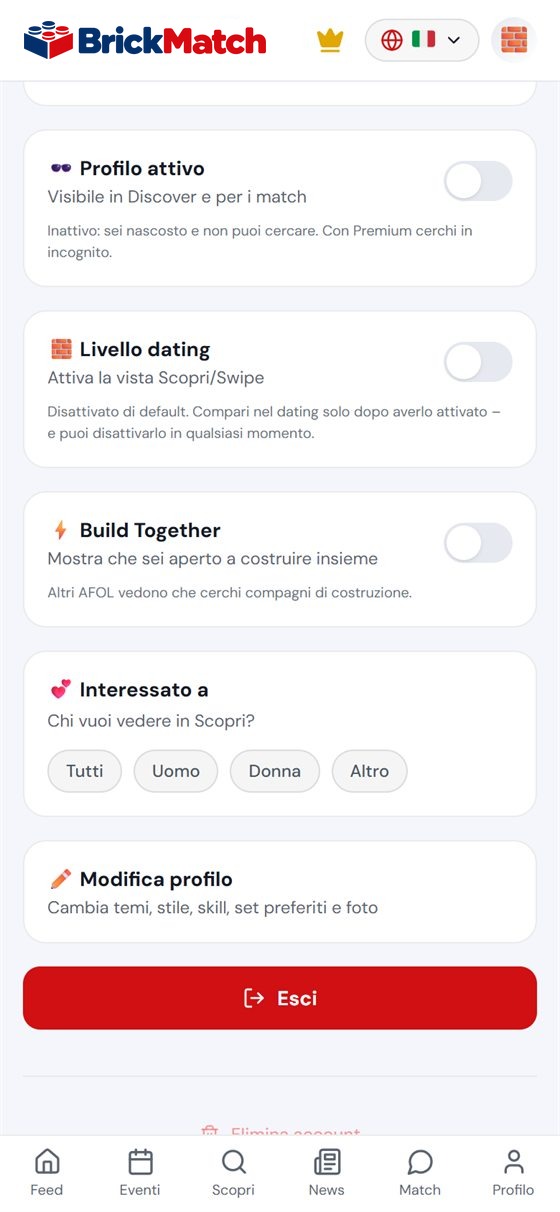 Screenshot: impostazioni con l’interruttore dating