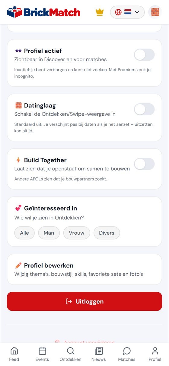 Screenshot: instellingen met de datingschakelaar