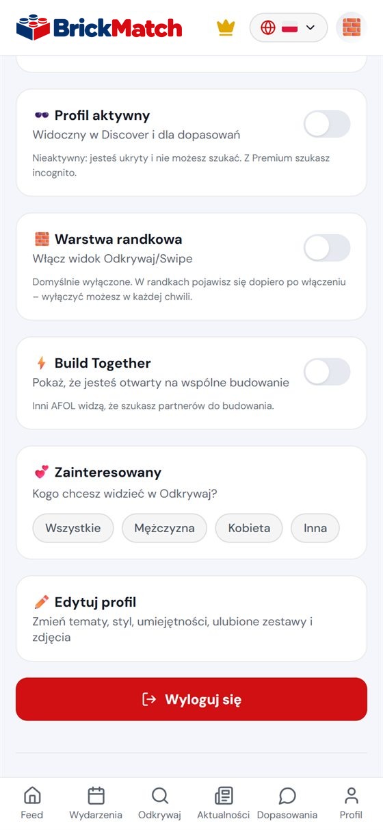Zrzut ekranu: ustawienia z przełącznikiem randek